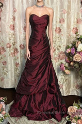 Wine Red Strapless Long Taffeta Sweet 16 Dress, Wine Red Sweetheart Semi Formal Prom Dress Formal Gown